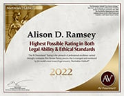 Martindale Hubbell Highest possible rating in both legal ability & ethical standards - Alison D. Ramsey - 2022